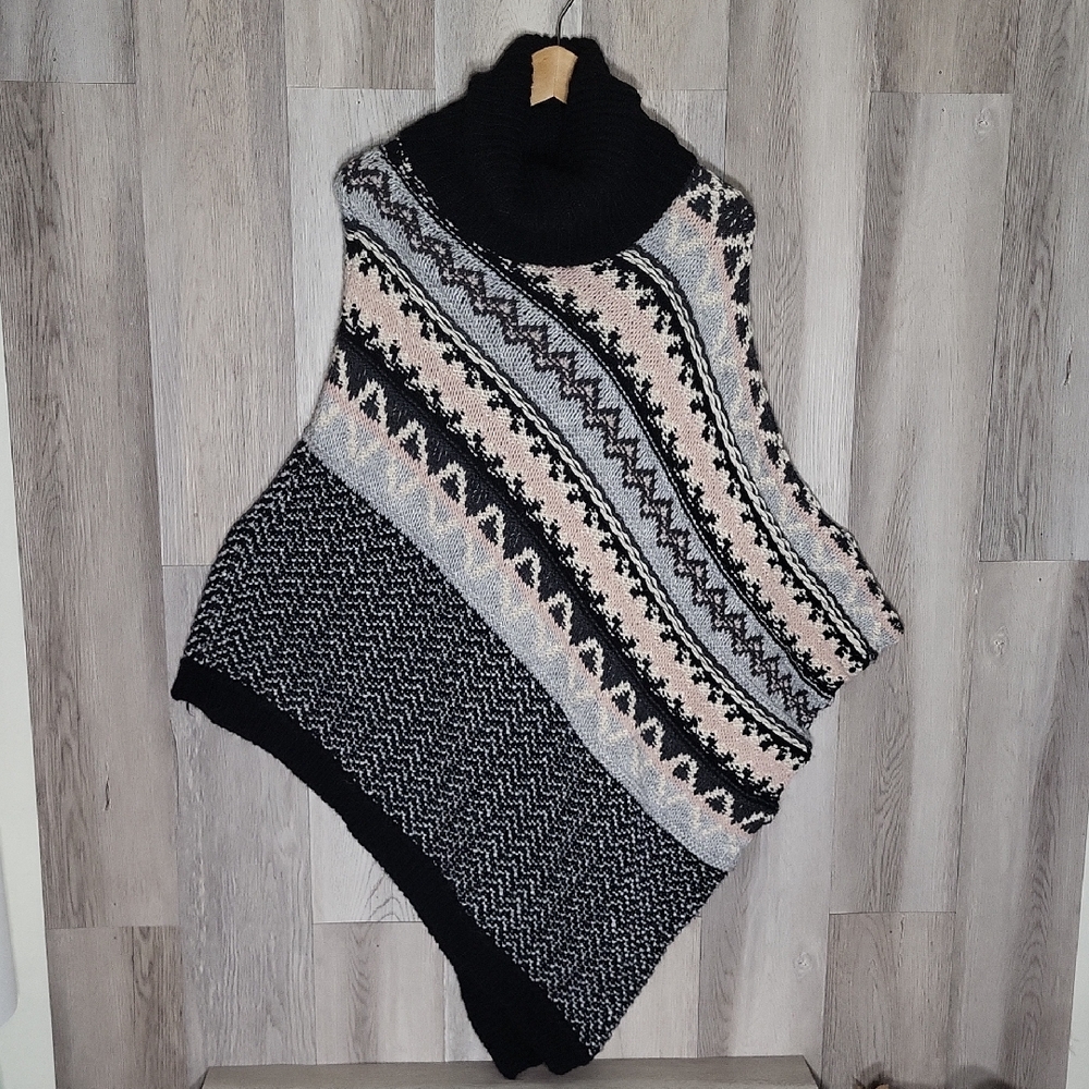 Cocogio Womens One Size Poncho Wool‎ Alpaca Knit Stripe Asymmetrical Italy